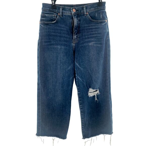 Express Women's Jeans Blue Cropped Wide Leg Distressed High Rise Denim Size 10 - Picture 1 of 12